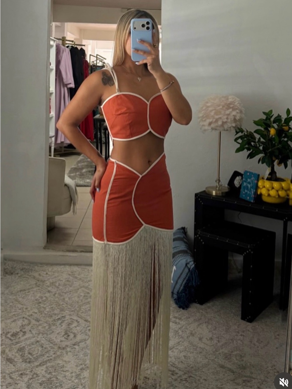 Orange Contrast-Trim Two-Piece Fringe Dress